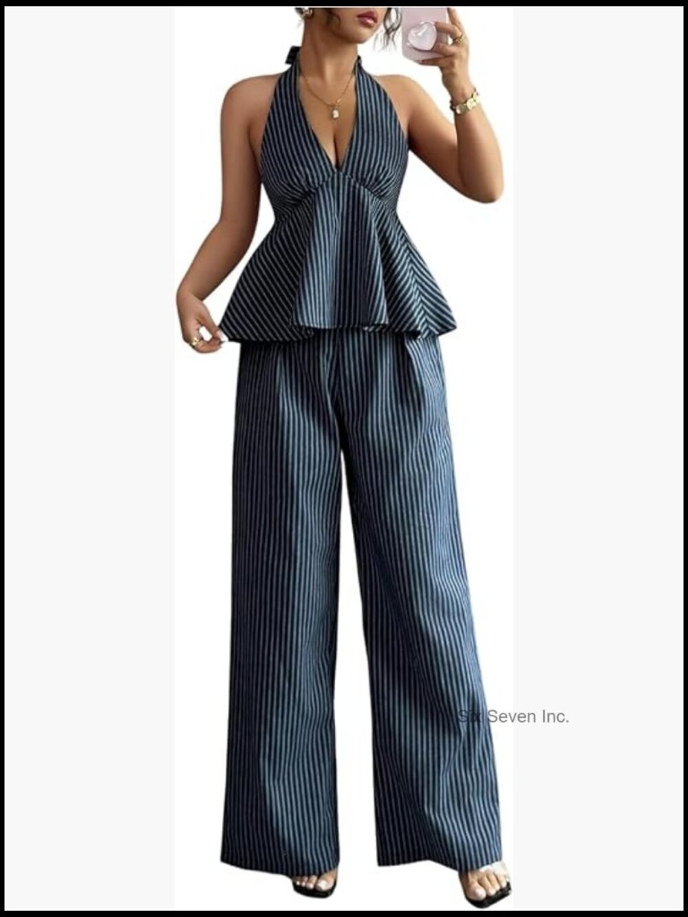 2 Piece Outfits Striped Open Back Halter Peplum Top with Pants Matching Set